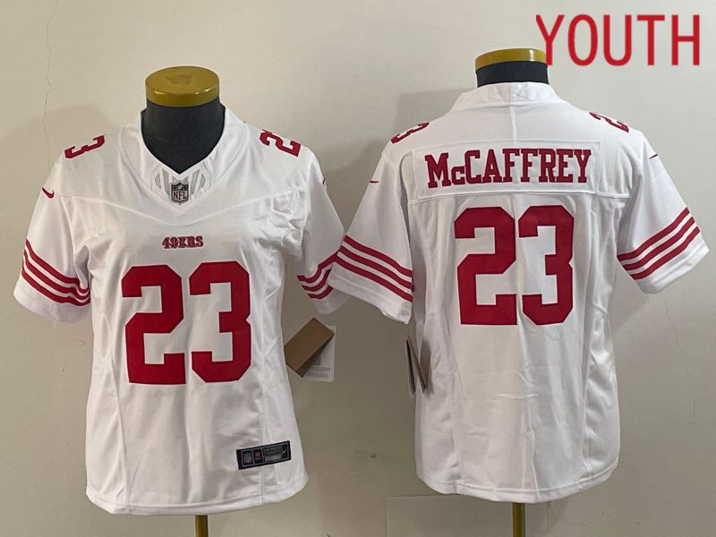 Youth San Francisco 49ers #23 Mccaffrey White 2023 Nike Vapor Limited NFL Jersey style 3